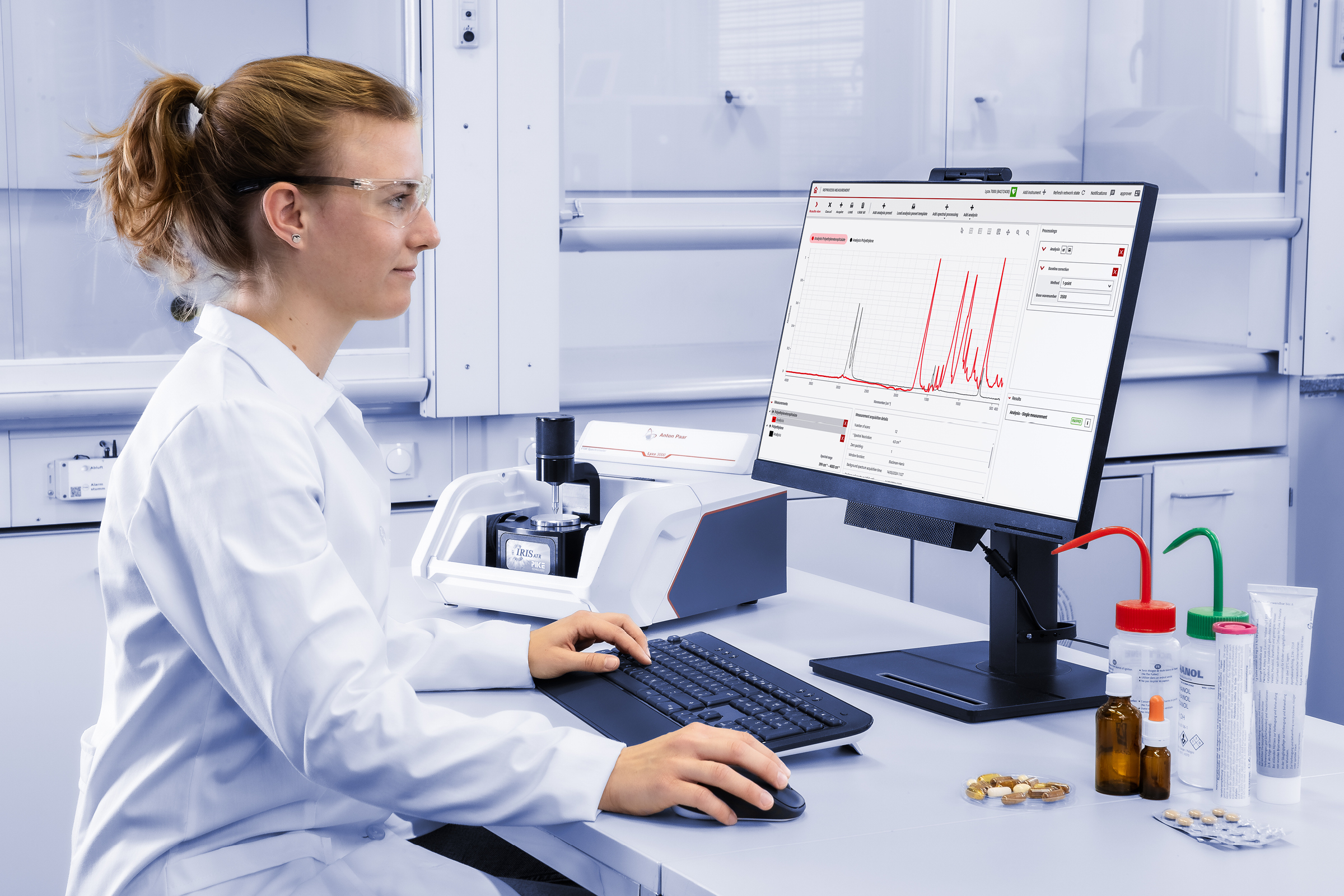 实验人员使用 lyza 3000 ftir 光谱仪分析样品，连接的外部显示器显示出 spectroscopy suite 光谱分析软件