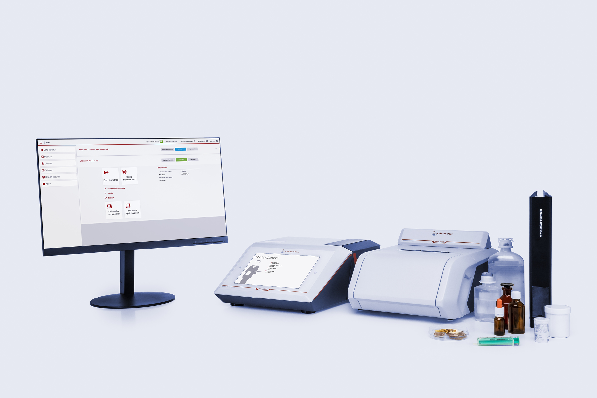 cora 5001 拉曼光谱仪和 lyza 3000 ftir 光谱仪连接到显示出 spectroscopy suite 光谱分析软件的显示器，附近有各种制药样品和容器。